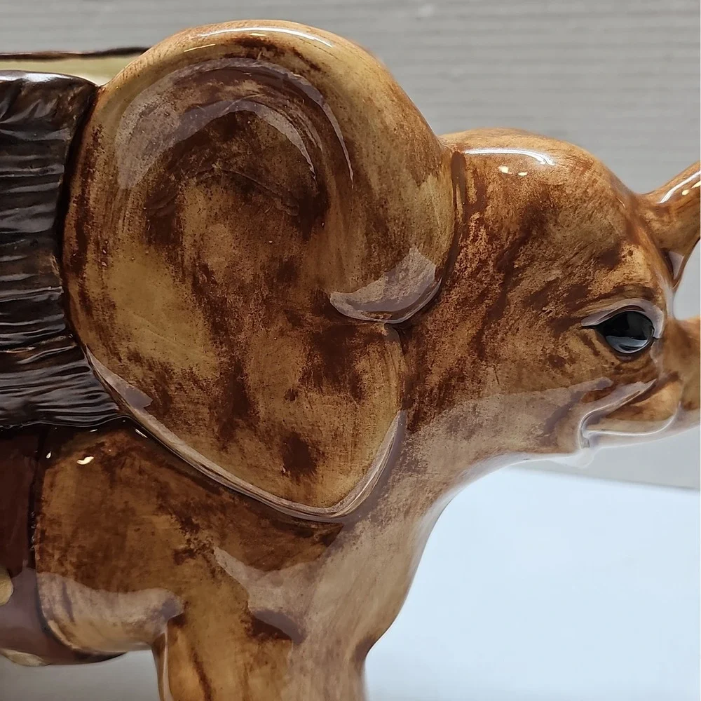 Vintage 1970s Glazed Ceramic Elephant Planter